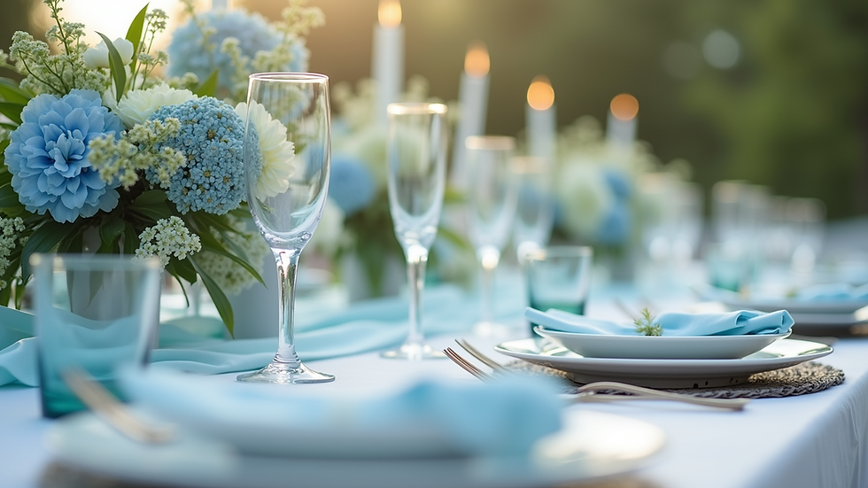 Eye-level view of a wedding table set with soft blue and green floral arrangements