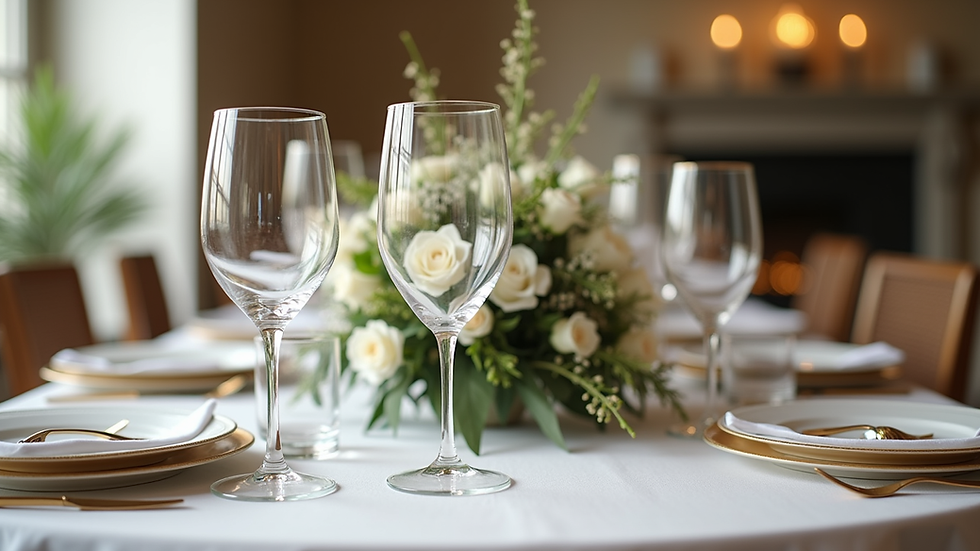 Eye-level view of a wedding table set with gold-rimmed glassware and lush floral centerpiece