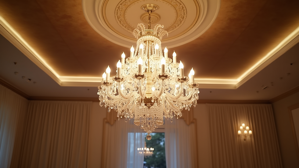 Close-up view of a crystal chandelier illuminating a wedding reception hall