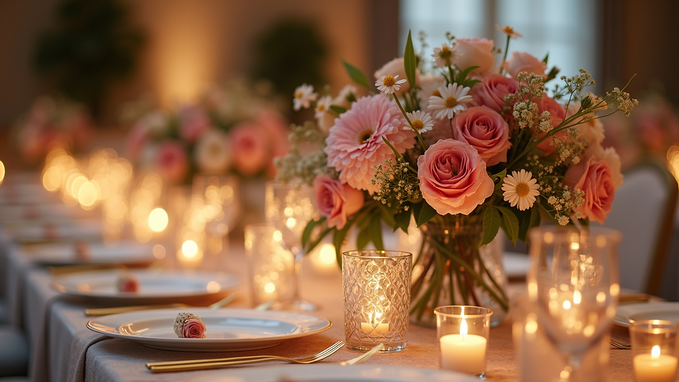 Close-up view of a softly illuminated floral centerpiece on a virtual event table