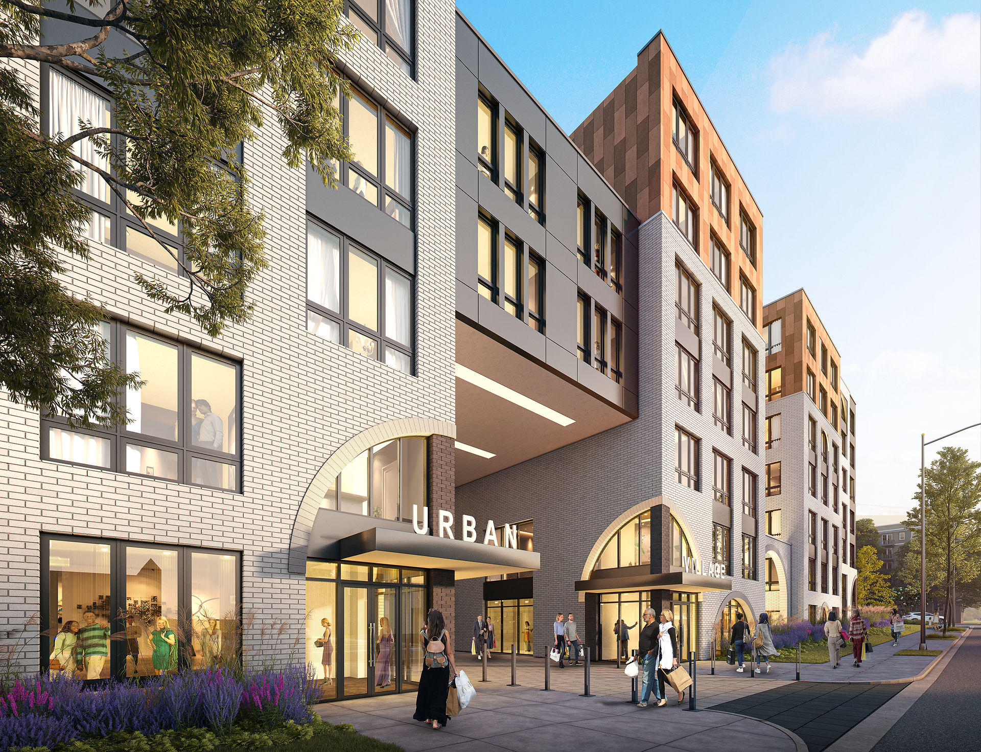Urban Village Exterior Closeup Rendering - front of building showing building sign "urban"