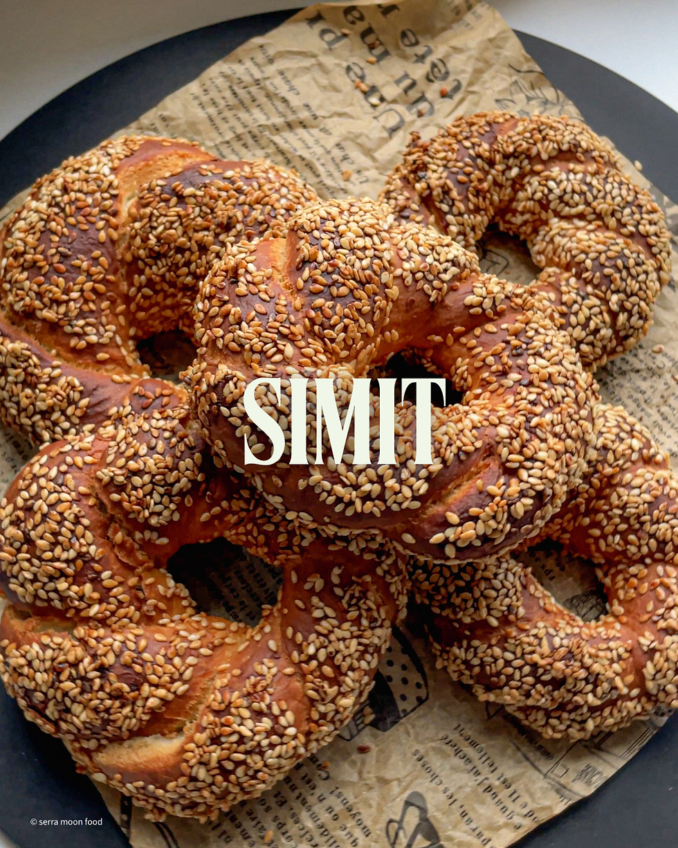 Sesame-covered simit on crumpled newspaper, text "SIMIT" in white. Brown and golden hues contrast with textural details.