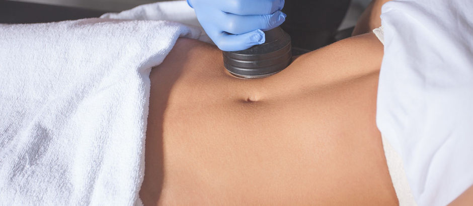Close-up of a woman's midsection with white grid lines on skin, wearing a white bra and panties, set against a light blue background.
