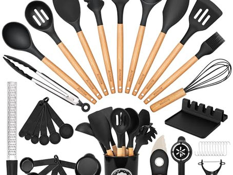 39-Piece Silicone Utensil Set with Wood Handles (Nonstick-Safe)