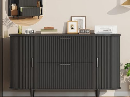 2-Drawer Fluted File Cabinet with Sliding Doors & Printer Stand (39.4-Inch, Black)