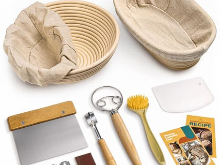 Banneton Proofing Basket Set: 9” Round + 10” Oval with Lame, Whisk & Scrapers