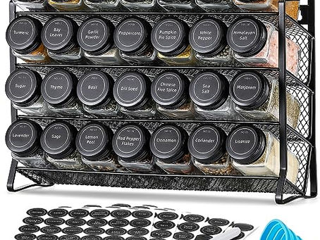 Cabinet Spice Rack Kit with 28 Jars, Labels & Funnel