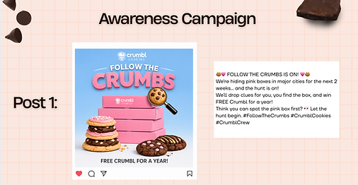 Marketing presentation slide featuring Crumbl branding, social media strategy concepts, and consumer engagement campaign visuals.