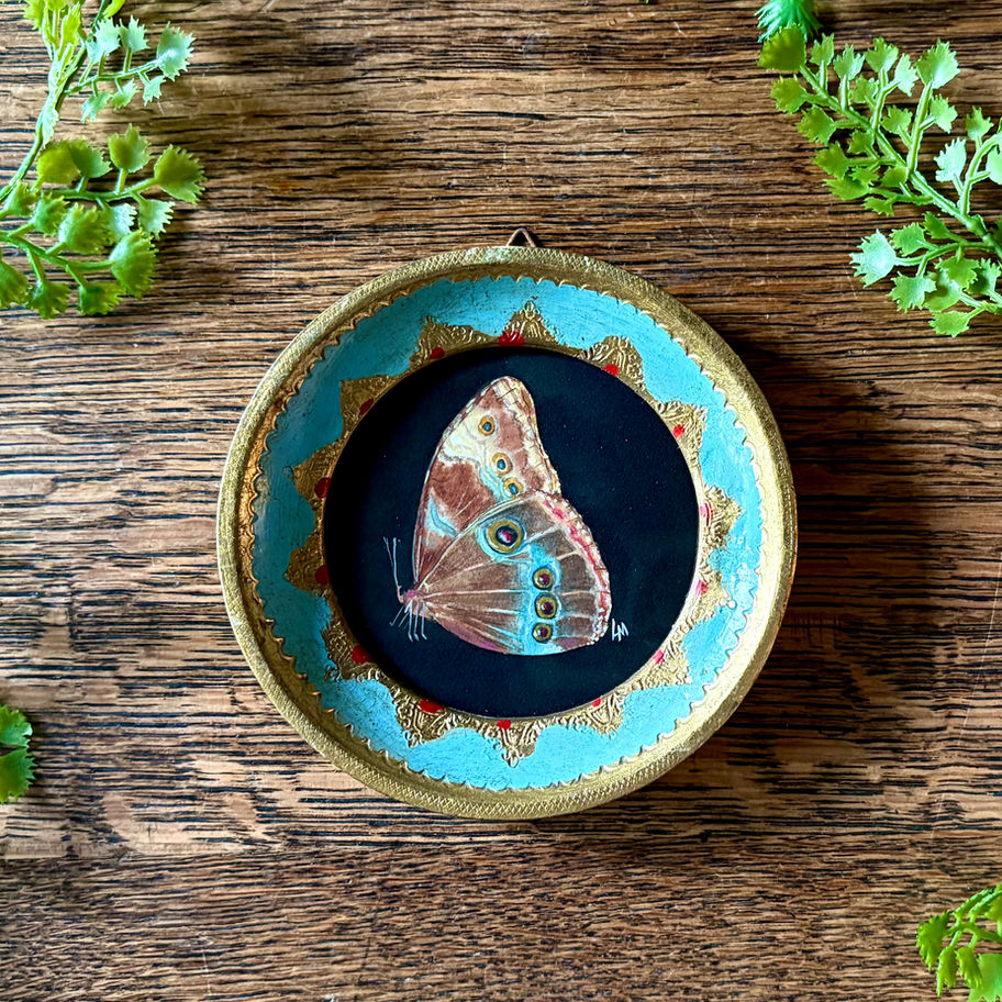 Blue Morpho Butterfly watercolor painting in circular Italian gilded frame