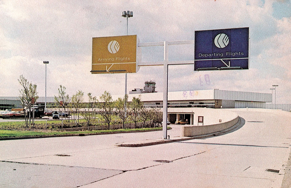 The two-level entrance to the new terminal showing the gold and blue color scheme along with the late 1970s era airport logo, a stylized C-L-E. (Postcard in the author's private collection)