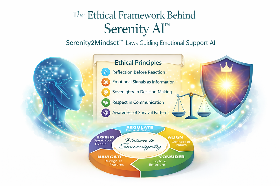 Serenity AI emotional support AI reflection model showing the Ethical Navigation Cycle by Serenity2Mindset