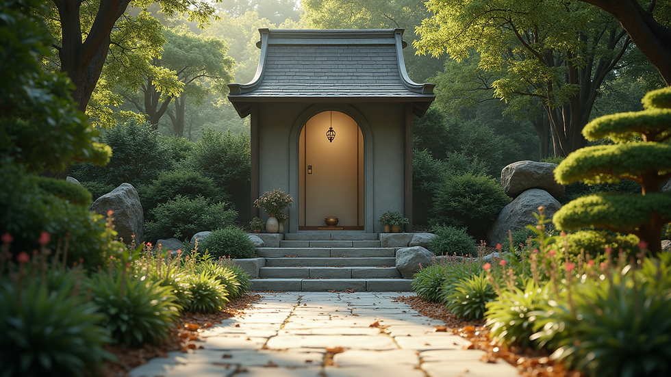 Eye-level view of a tranquil altar surrounded by nature