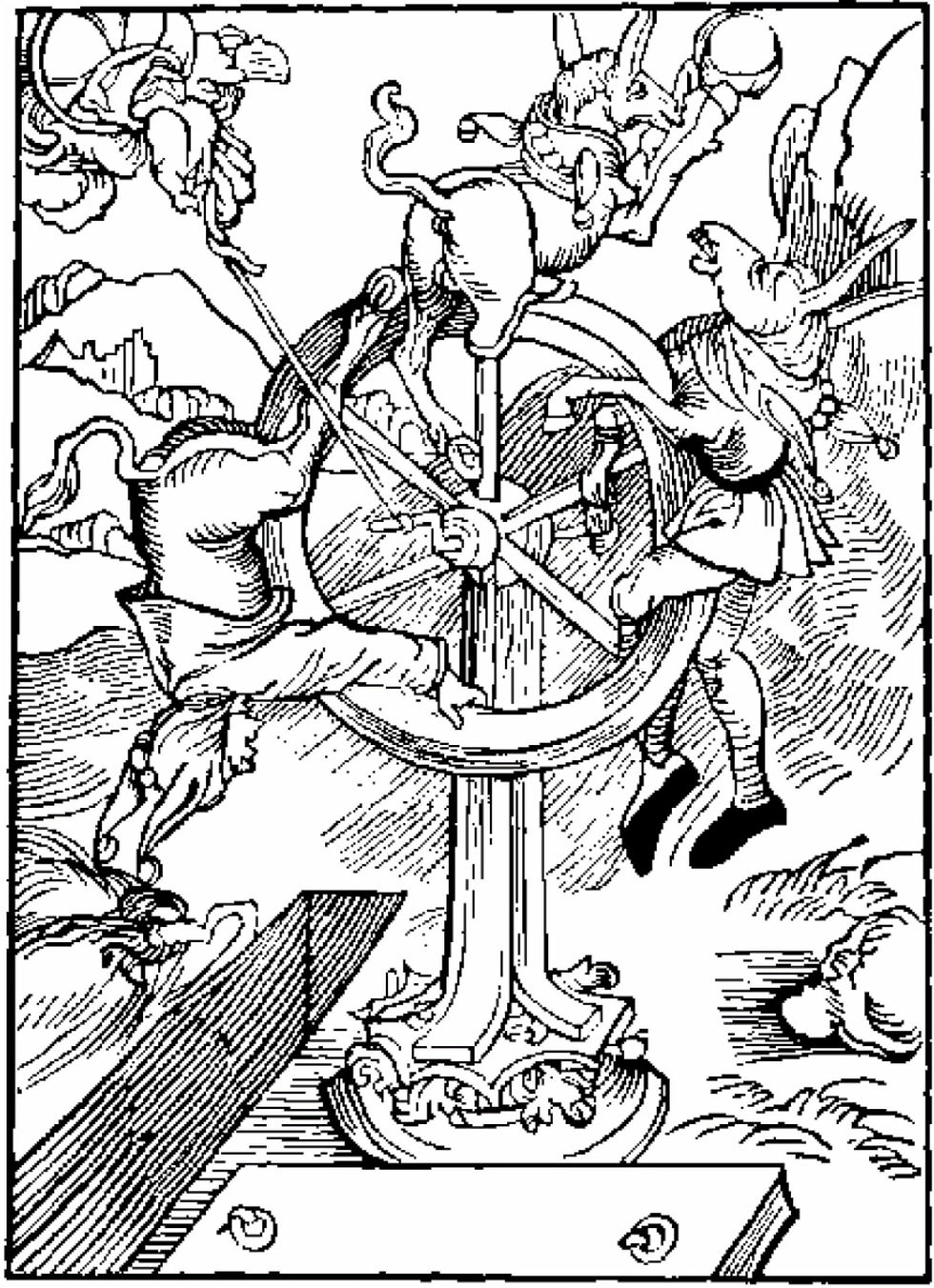 Wheel of fortune in Sebastian Brant's Narrenschiff, woodcut by A. Dürer