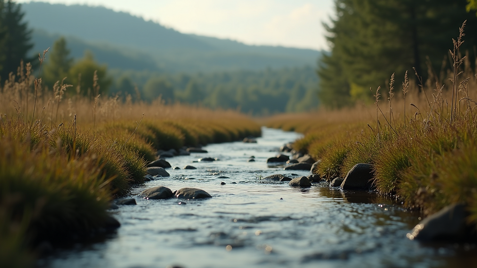 Eye-level view of a serene landscape with a gentle stream