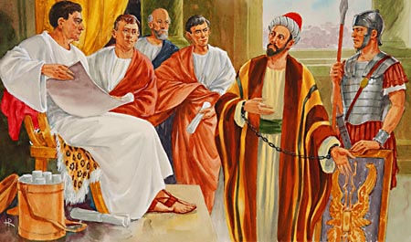 As the trial proceeded, Paul, with calmness and candor, clearly showed the falsity of their statements.Illustration © Review and Herald Publ. Assoc. source: