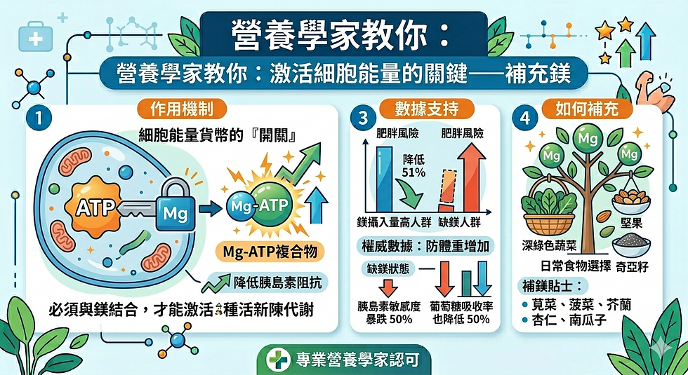 營養學家解析補充鎂的重要性:鎂作為細胞能量貨幣ATP的開關,對激活新陳代謝、降低胰島素阻抗及穩定血糖至關重要,建議透過深綠色蔬菜、堅果及奇亞籽攝取。
