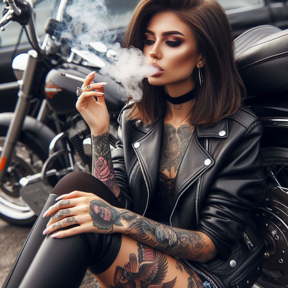 Biker Chick Sits with her Bike and Smokes