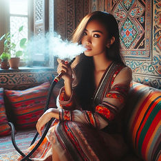Asian Woman Smoking a Hookah at Home