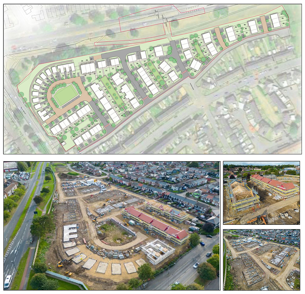 Work well underway by Esh Construction on our 105 new homes, £18m scheme in Middlesbrough for Thirteen Group -- some pics from their drone below. 