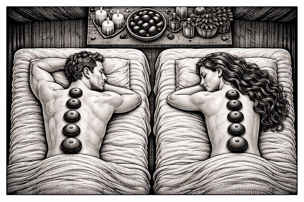 Deux personnes allongées sur le ventre avec des pierres de massage sur le dos, couvertes de draps texturés, ambiance apaisante et relaxante.