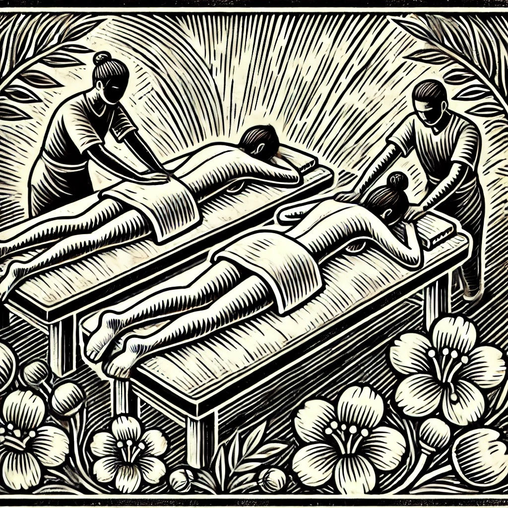 Image style gravure sur bois, un massage californien en duo, décor floral et zen.