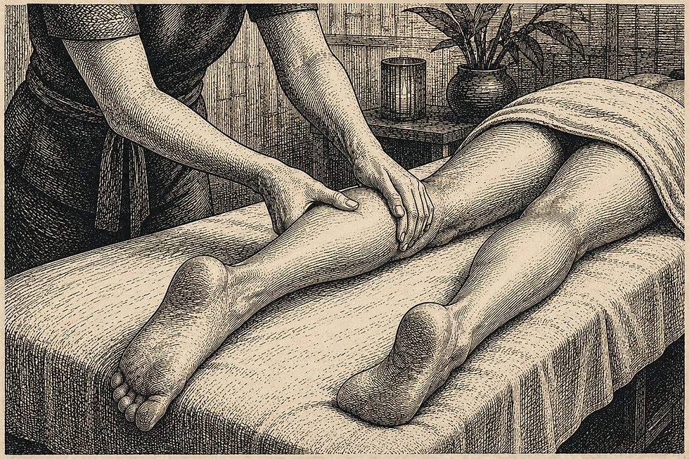 Thérapeute massant la jambe d’une personne allongée sur une table, avec serviette, plante et bougie dans une ambiance calme.