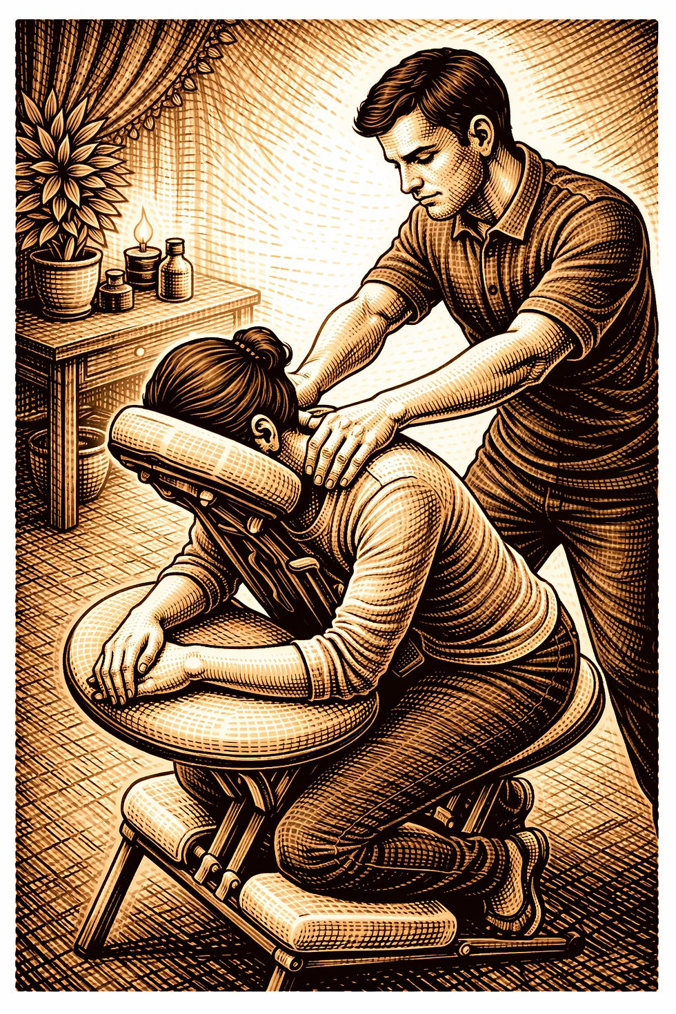 Image style gravure sur bois représentant un massage amma assis