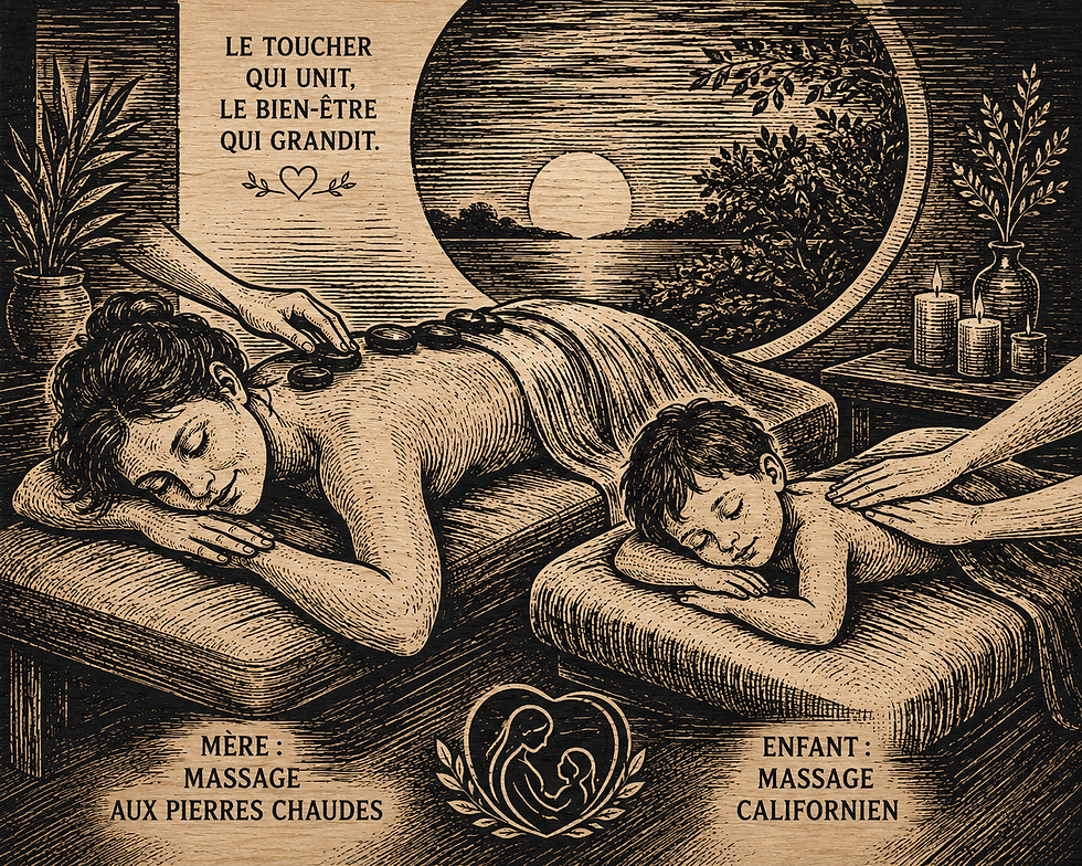 Mère et enfant reçoivent des massages, pierres chaudes pour la mère, massage californien pour l'enfant, texte: "Le toucher qui unit...".