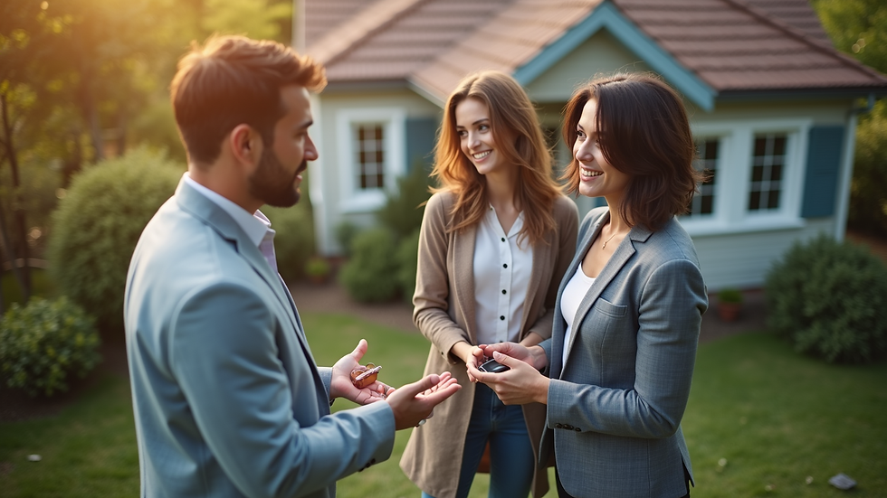 High angle view of a real estate agent showing a house to a couple