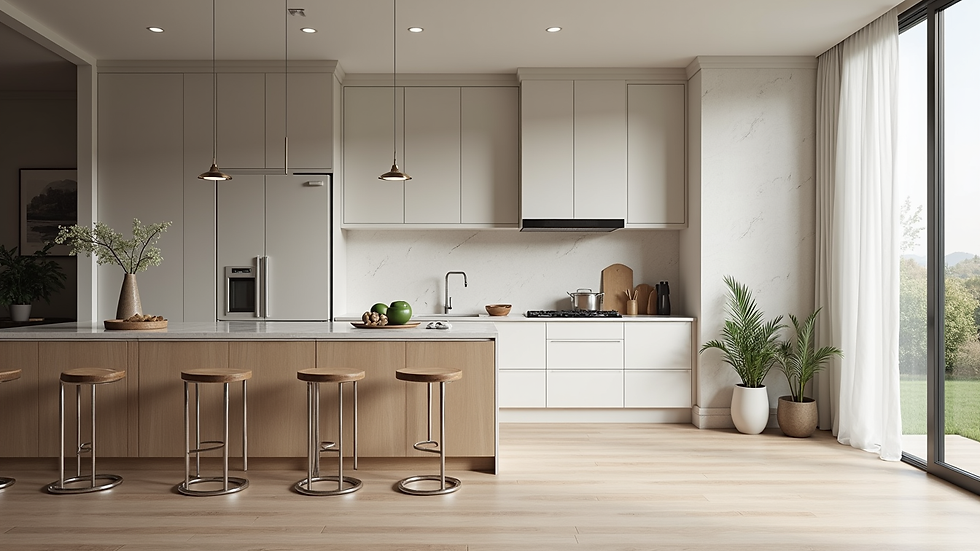 Wide angle view of a modern kitchen in a Mecklenburg County home