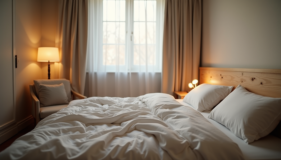 empty bed with white comforter in bedroom