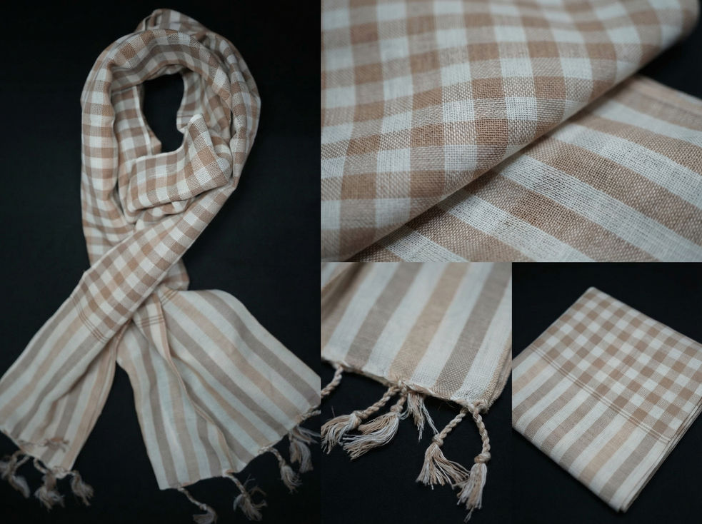 Écharpe Krama à carreaux et rayures beige et blanc