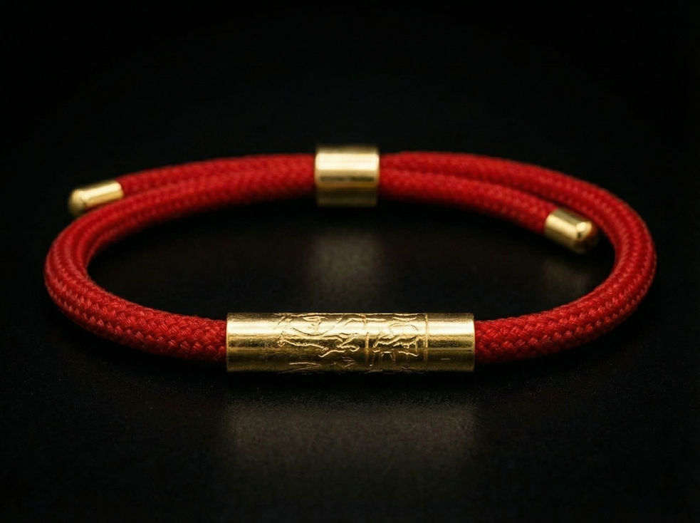 Bracelet rouge tressé avec perle dorée gravée