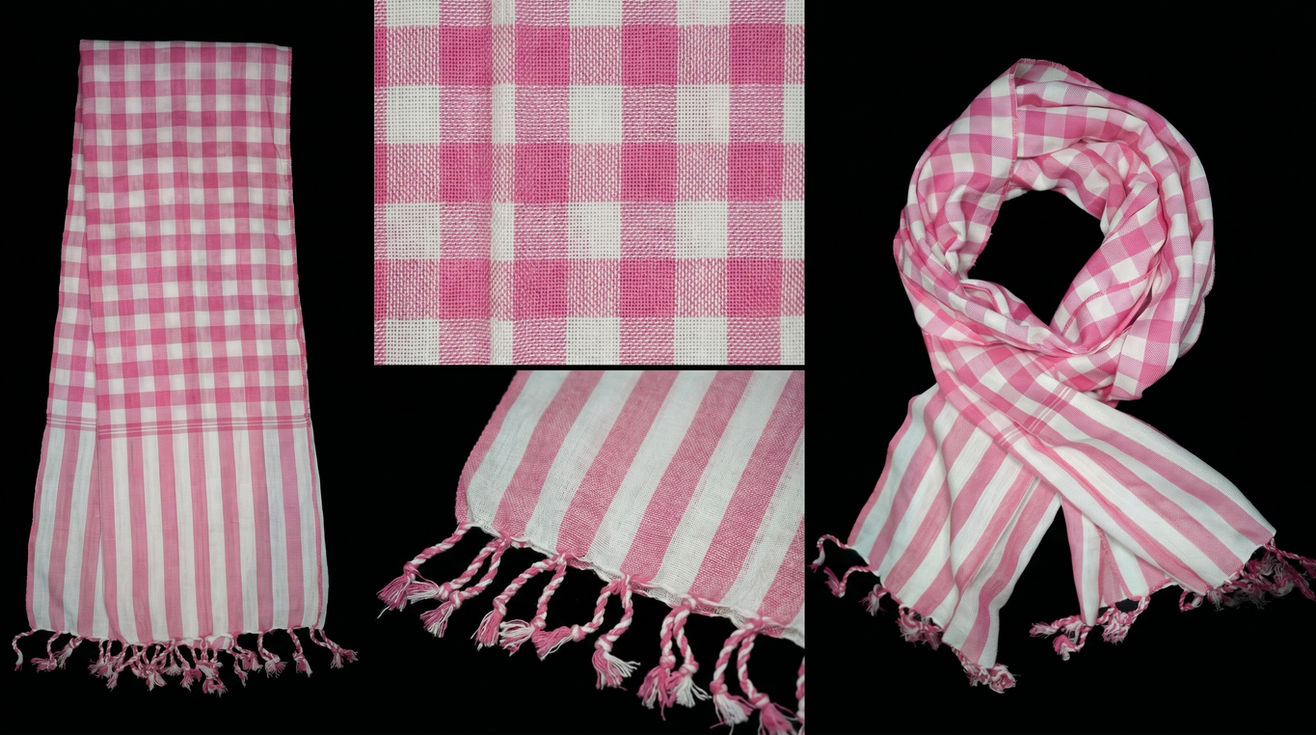 Écharpe Krama traditionnelle rose et blanc pliée, motif et drapée