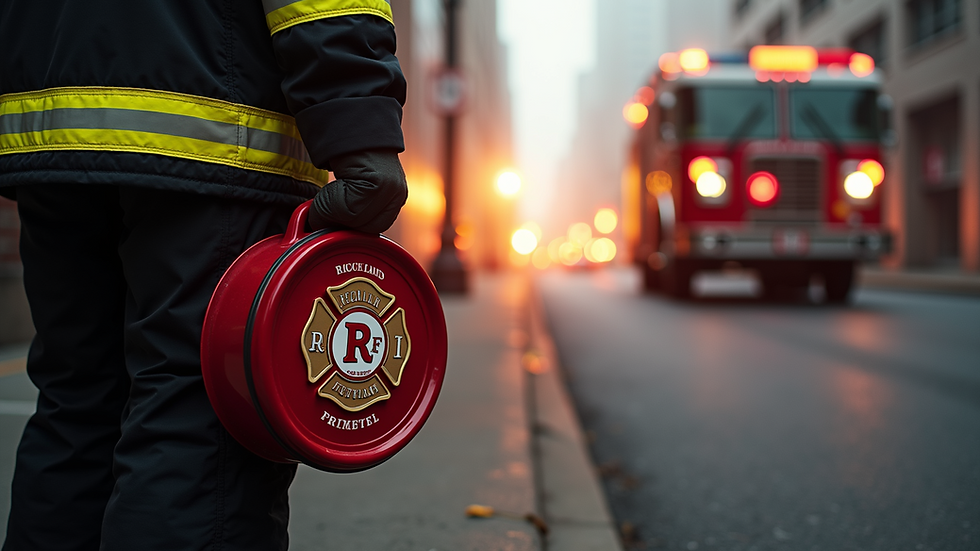Eye-level view of a firefighter holding a Richland Fire Department merchandise item