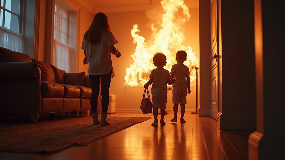 Eye-level view of a family practicing fire safety drills in their home