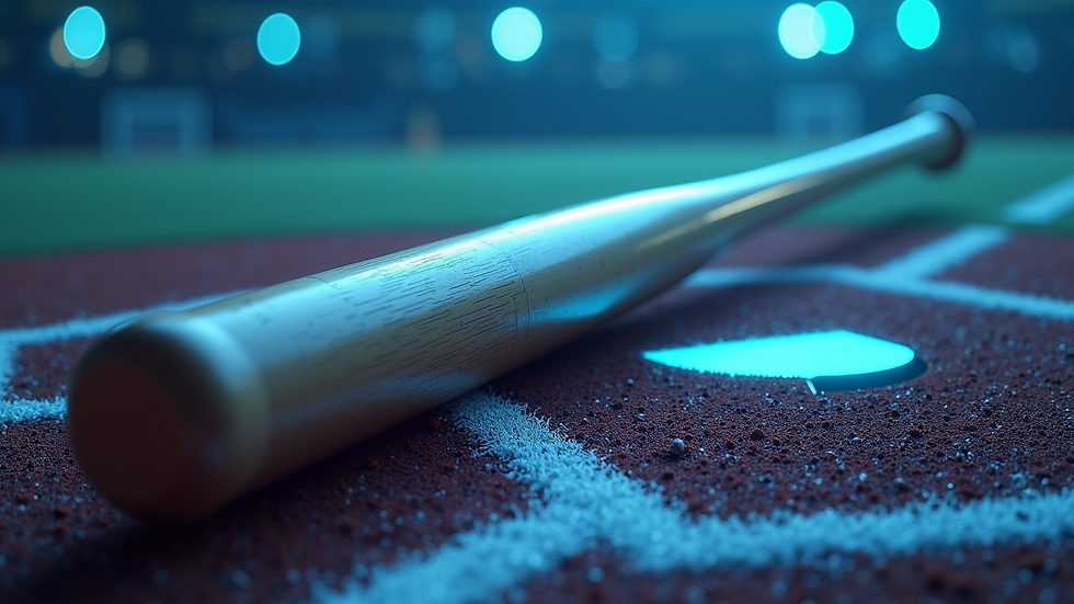 Eye-level view of baseball bat resting on home plate