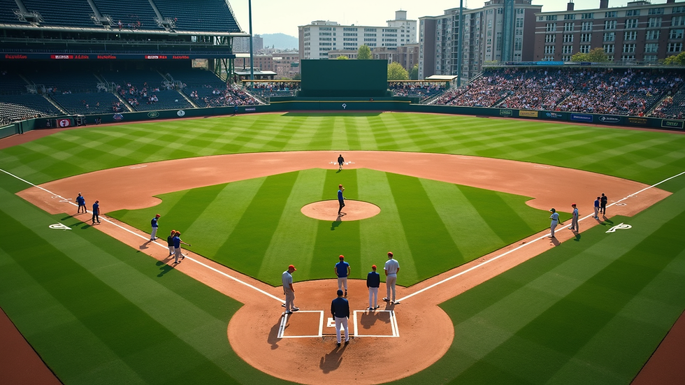 High angle view of a baseball field with players practicing drills