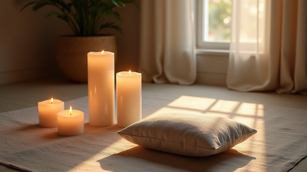 High angle view of a meditation cushion and candles in a peaceful room