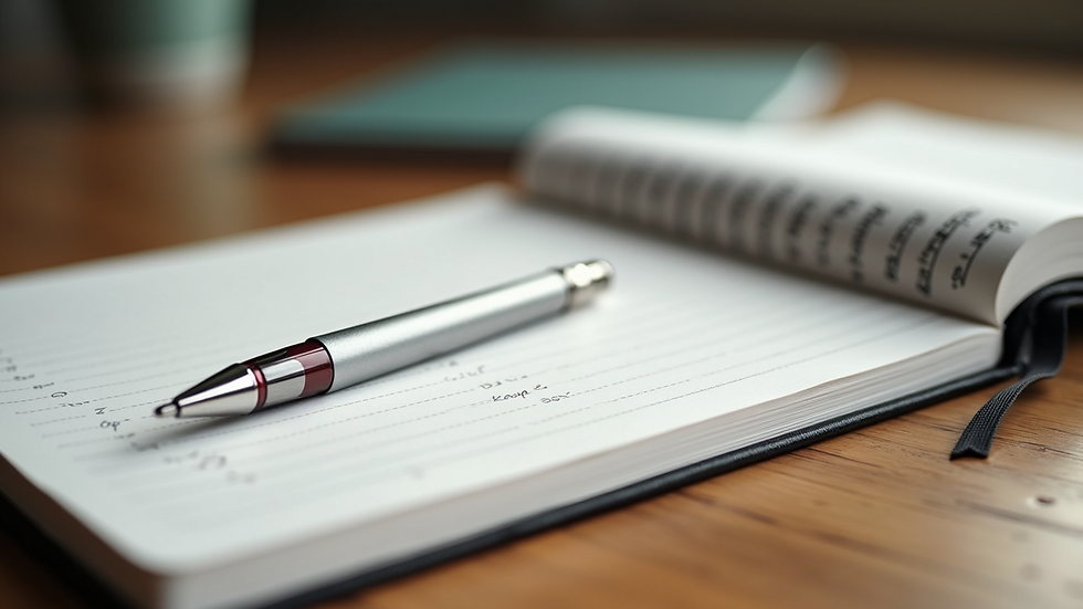 Close-up view of a journal and pen on a wooden table for tracking wellness progress