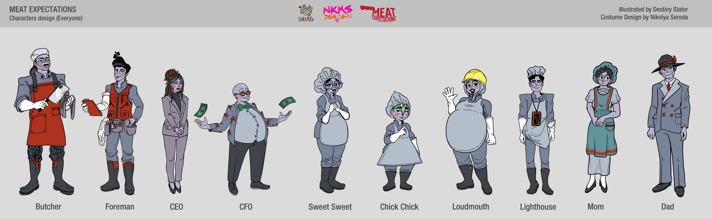 A character lineup for the play Meat Expectations, featuring eleven unique characters standing in a row against a light grey background. Above them, the title "MEAT EXPECTATIONS" is displayed on the left, alongside the logos for Sakeozo, NKMS Design, and Meat Expectations in the center. Credits on the right attribute the illustration to Destiny Slater and costume design to Nikolya Sereda. All characters have a consistent grey-toned skin and stylized features. The characters, from left to right, include: Butcher: A muscular man in a red apron holding a meat cleaver. Foreman: A slender man in an orange utility vest holding a clipboard. CEO: A woman in a sharp lavender business suit. CFO: A stout man in a grey suit throwing money into the air. Sweet Sweet: A person in a white baker's hat and apron. Chick Chick: A shorter character in a grey tunic and headpiece. Loudmouth: A character with a large round belly wearing a yellow hard hat. Lighthouse: A character in a grey uniform with a rectangular device around their neck. Mom: A woman in a teal dress and a ruffled cap. Dad: A man in a blue double-breasted suit and a fedora.