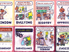 A 2x4 grid of comic panels titled "Opinion" through "Fascism," featuring orange tomato-headed and yellow flower-headed characters in a conflict over ketchup.
Opinion: A tomato character says, "Ketchup is the worst."
Bullying: Top: Tomato characters harass a flower character. Bottom: A tomato draws a rude picture of a flower.
Bigotry: A tomato holds a sign saying "Ketchup lovers are dangerous" in front of a store.
Oppression: An angry tomato takes a sandwich away from a sad white-headed character.
Censorship: A news report about a "Ketchup Ban Vote" is overlaid with a message saying the post violates policy and is hidden.
Surveillance: A camera hangs over characters as text reads, "Activity logged, submitting to the watchlist database..."
Stochastic Terror: A group of tomatoes records a flower character; a speech bubble reads, "These ketchies are plotting to poison the mustard supply."
Fascism: A tomato in a military uniform holds an "Executive Order" while police characters arrest flowers in the background.
At the center right of each panel's frame, there's an artist's watermark logo by Sakeozo. Icon featuring ILY pet.