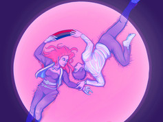 This illustration depicts a romantic and ethereal scene featuring two characters floating in front of a large, glowing pink circle against a deep purple background. Two women are facing each other and signing "I love you" and "rainbow" in sign language. They are surrounded by a soft, dreamy glow, enhancing the romantic atmosphere.
The woman has vibrant pink hair and is dressed in a dark outfit with a belt and a jacket. She reaches out towards another woman with a gentle expression. The other woman has short hair and is dressed in a long-sleeved shirt and pants. She is also barefoot, adding to the dreamlike quality of the scene.
A rainbow-colored stripe arcs between their hands, symbolizing bisexual pride and the shared connection between them. The overall color palette is a blend of purples and pinks, adding to the illustration's romantic and serene mood. The artist's signature, "Destiny Slater" is visible near the bottom right corner of the image.