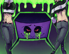 In the center is of Boom's boxhead, in purple color with toxic green glow, the mask is crying out green glowing slime. On the side is 2 different perspectives of Boom's almost full body, only ranging from half of the face to ankle. On the left is his front, and the right is his back. In the background there is green slime running down. 
