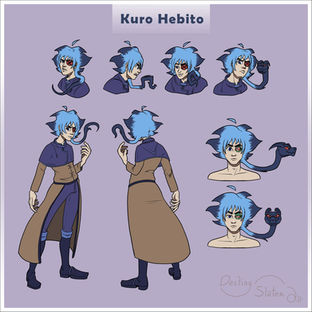 A character reference sheet for Kuro Hebito. The top row displays four headshots showing various expressions: serious, angry, smiling, and determined. The bottom section features full-body front and back views. Kuro has blue, spiky hair with a long lock that transforms into a dark blue demonic snake head with glowing red eyes. He wears a dark blue high-collared tunic over a tan-colored long coat and dark trousers. One eye is covered by a red-and-black eyepatch, while the other is a piercing blue. A credit for Destiny Slater is at the bottom right.