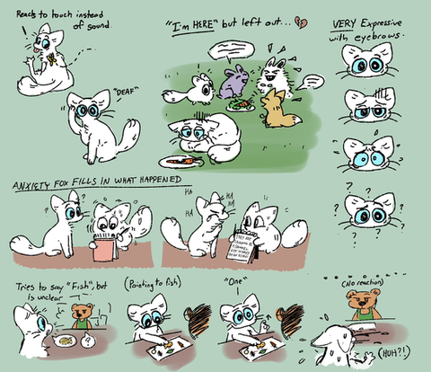 A comic-style illustration featuring a white cat with blue eyes, large expressive eyebrows, and minimal features. The cat reacts to touch instead of sound, labeled "DEAF." In one panel, the cat is sad, sitting alone, as a group of animals talks nearby. The cat tries to communicate but is confused. In another scene, a character (labeled Anxiety Fox) explains what happened, leading to laughter. The cat also tries to say "fish," but is unclear, pointing to a plate of food. The comic showcases various emotions, with exaggerated eyebrow movements for expression.