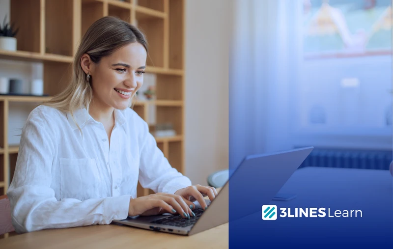 Smiling woman working on laptop for 3Lines