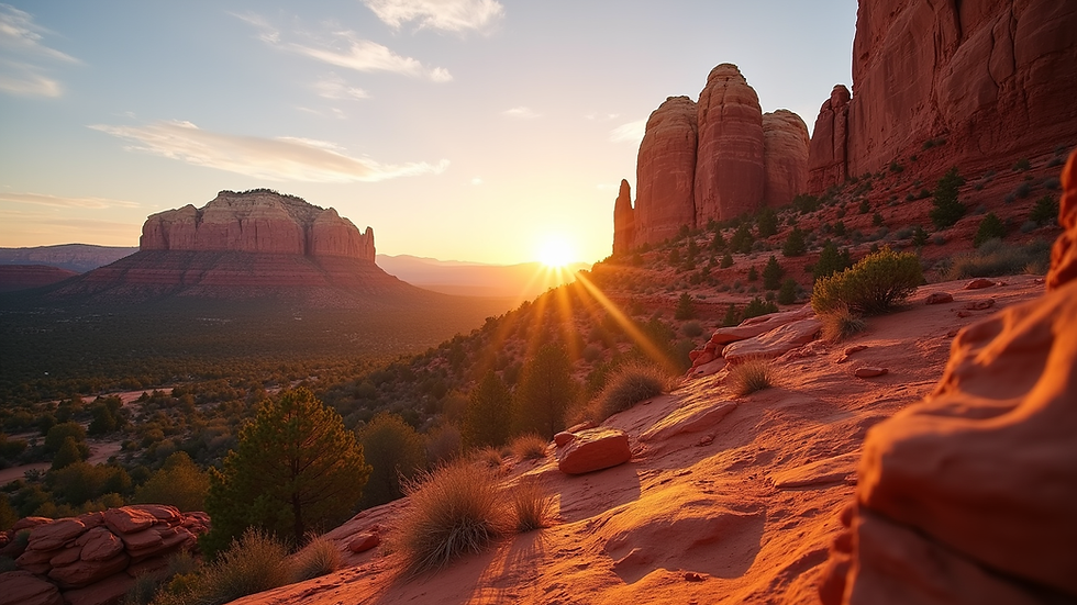 Eye-level view of a red rock formation in Sedona with soft sunset light