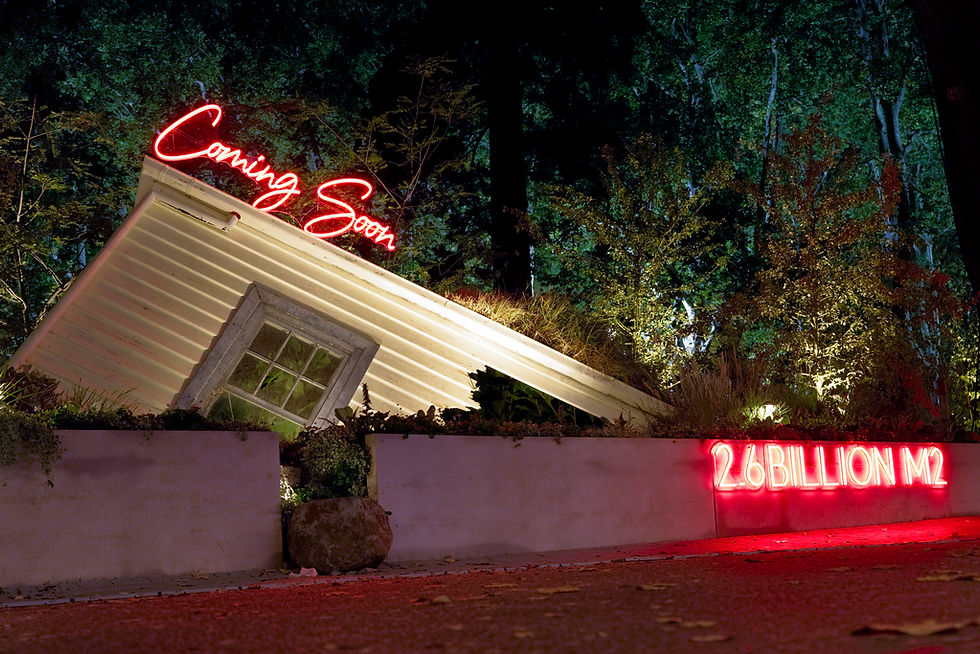 Show garden at night showing house subsumed by flooding