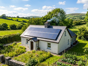 Cottage in lush countryside with solar panels on the roof, surrounded by gardens and rolling green hills under a blue sky with clouds.